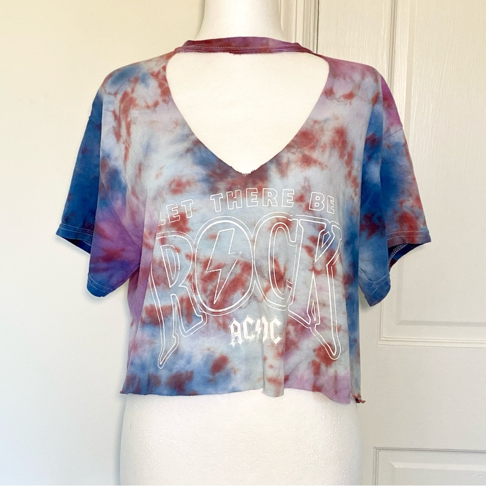ACDC Tie Dye Cropped V-Neck Cutout T-Shirt Womens S 90s Rock Band Concert Punk